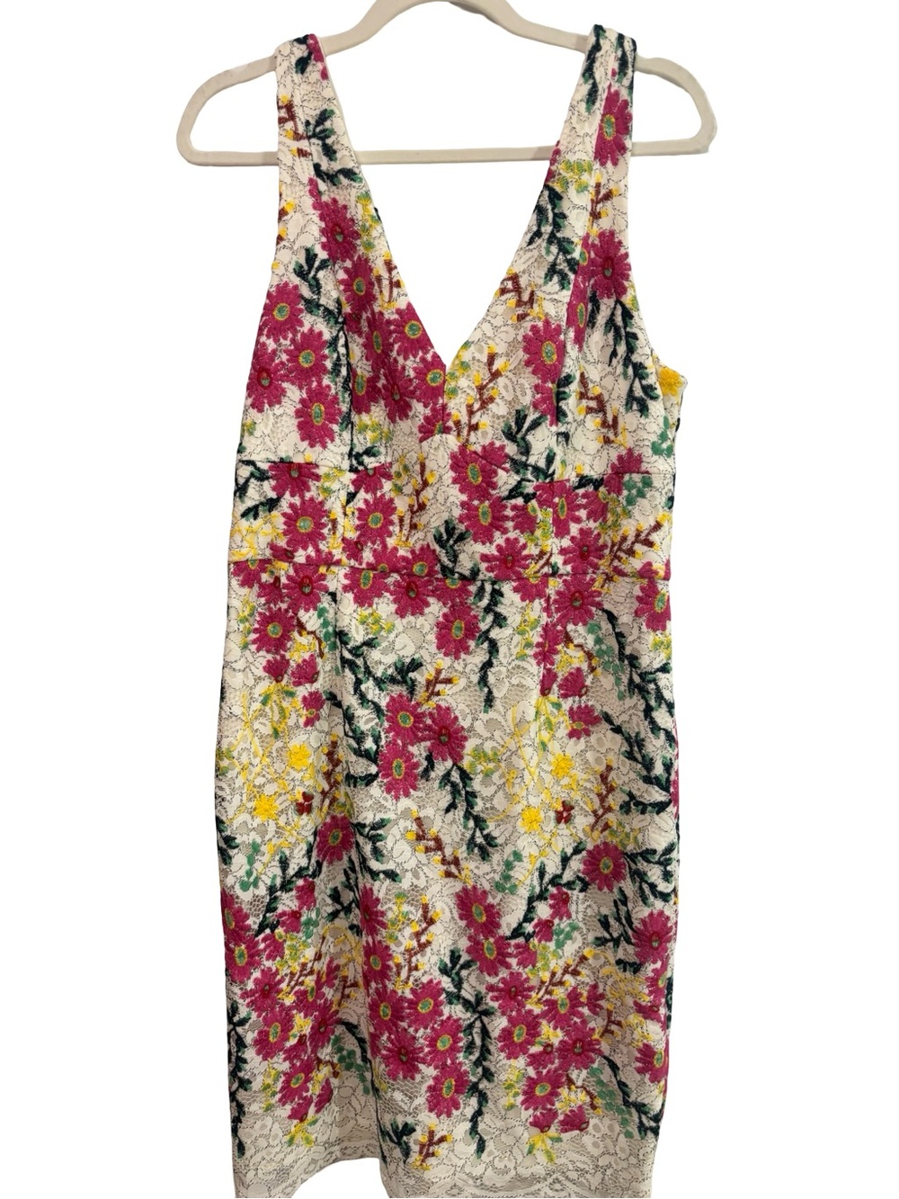 Moulinette Soeurs Pink and Yellow Floral Lace V-Neck Sheath Dress